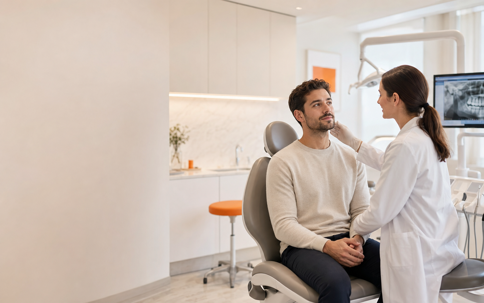 Adult orthodontic patient receiving a clinical consultation