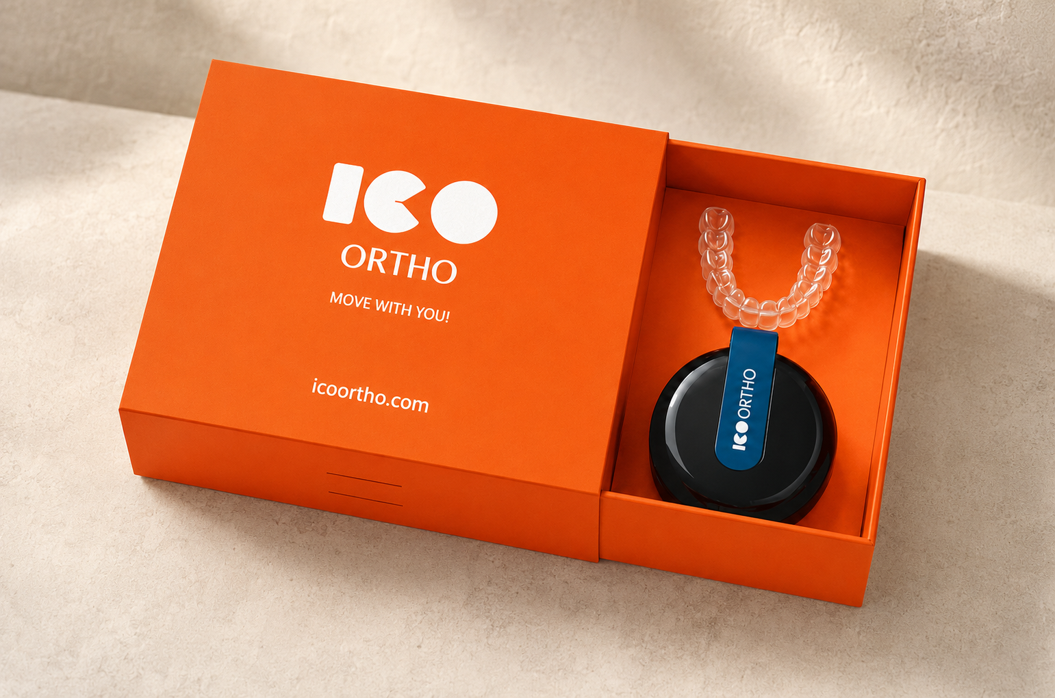 ICO ORTHO clear aligner kit, case, and packaging
